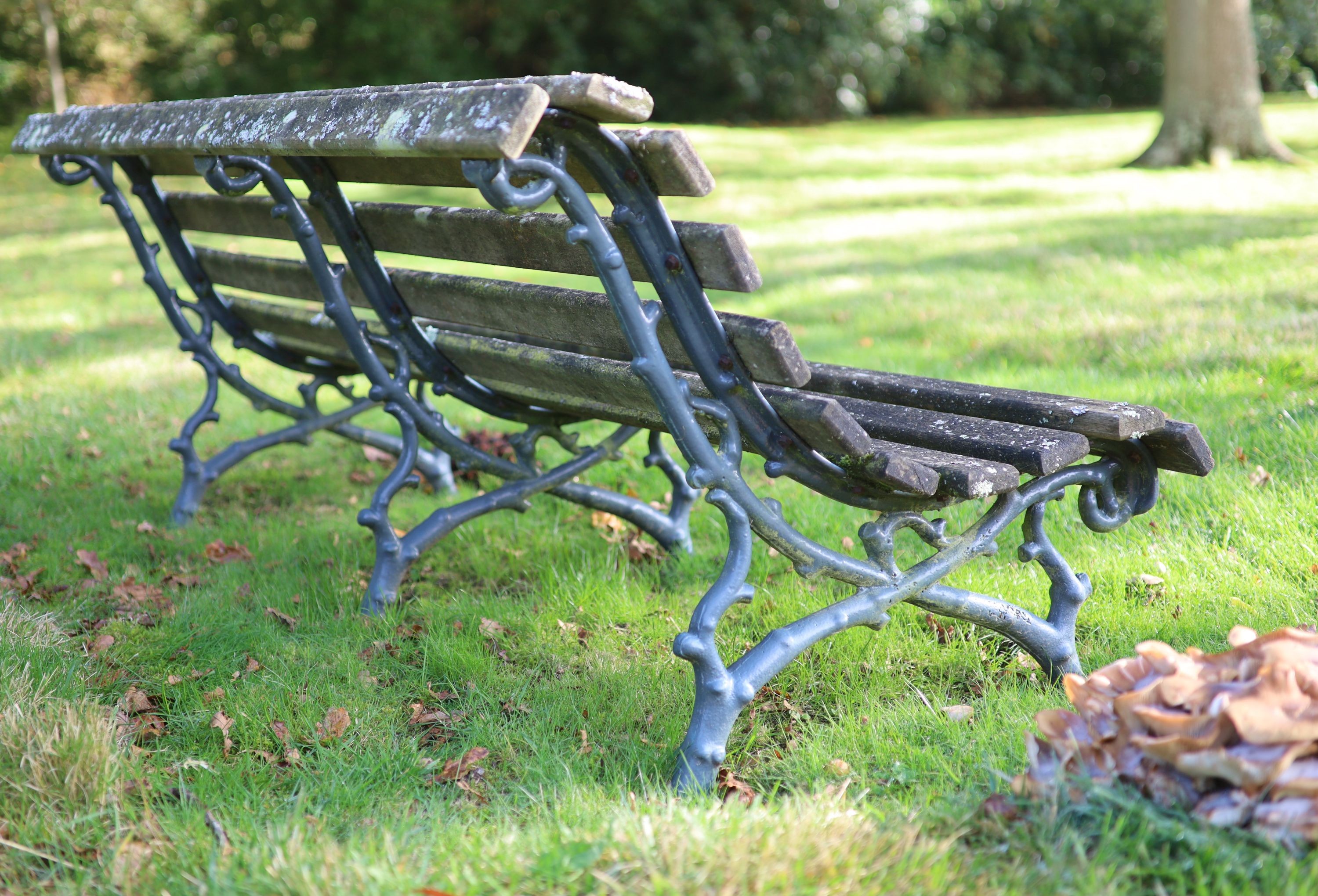 A pair of Coalbrookdale style cast iron and slatted teak garden benches, width 165cm depth 77cm height 60cm